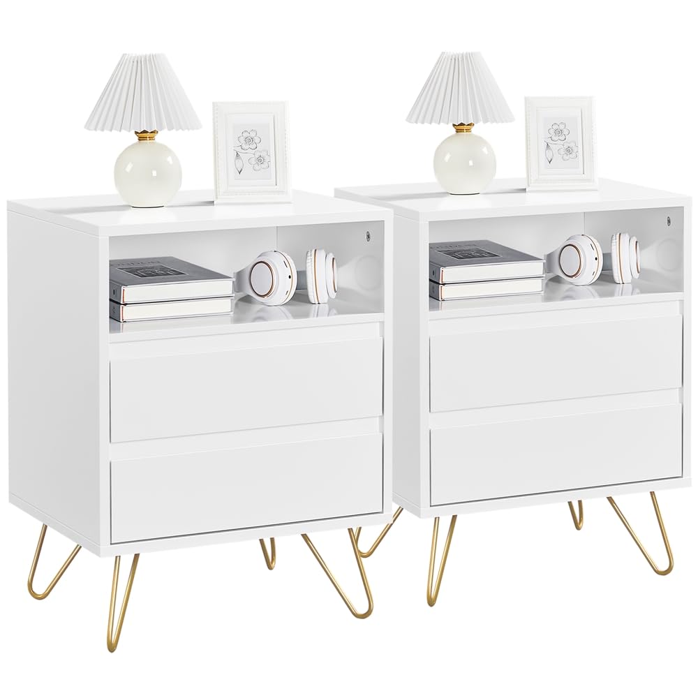 Yaheetech 2 Piezas Mesitas de Noche con Dos Cajones Grandes Mesilla de Noche para Dormitorio Mesa Auxiliar de MDF y Hierro, 50 x 40 x 61 cm, Color Blanco