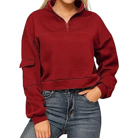 MCILLO Women's Loose Quarter Zip Drawstring Sweatshirt Casual Long Sleeve Zipper Pullover Tops with Pockets (Red, S) Cover