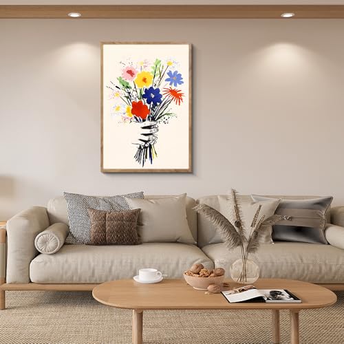 阪画屋 ピカソ 「花束を持つ手」風 アートパネル アートボード ポスター 玄関 壁画 壁掛け 壁飾り 部屋飾り 飾り絵 絵 絵画 油絵 ソファの背景画 インテリア 現代 モダン フレーム 額付き 木枠付きの完成品 木目調 キャンバス 風水 風景画 プレゼント ギフト 30×40 [4]