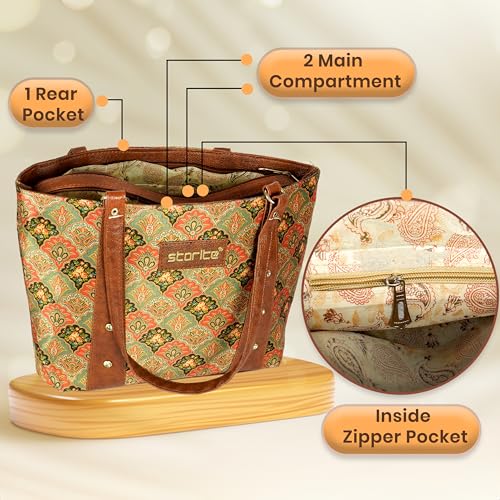 Image of Storite Women's Tote Bag with Leather Handles & Embroidery Printed Handbag with Zip Pockets, Shoulder Tote Bag and Handbag for Office and College