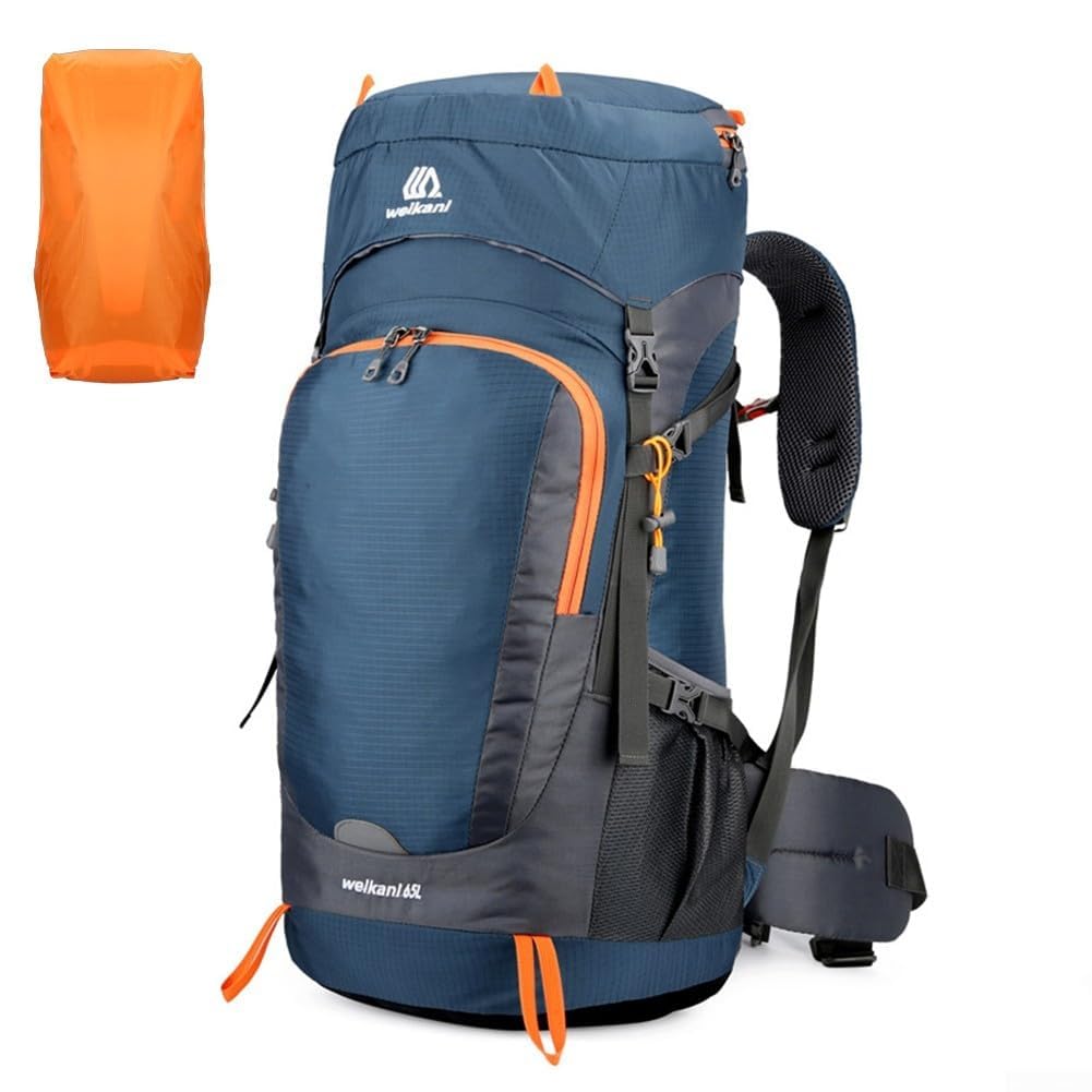 Zaino da trekking da 65 litri con copertura antipioggia, pannello posteriore in rete traspirante e cinghie regolabili per campeggio, trekking e viaggi (blu scuro)