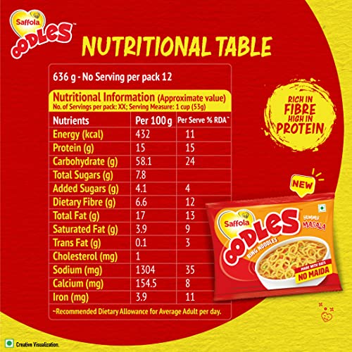 Image of Saffola Oodles, No Maida Oats Noodles, Instant Noodles Packets, Healthy Noodles Masala, Ring Noodles 12 x 53 grams Pouch (12 Serves)
