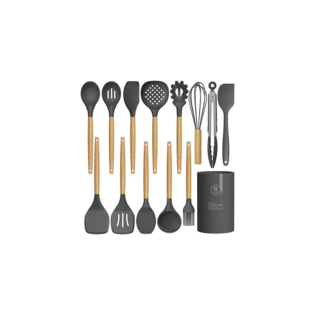 14-Pcs-Silicone-Cooking-Utensils-Kitchen-Utensil-Set-446F-Heat-ResistantTurner-Tongs-Spatula-Spoon-Brush-Whisk-Wooden-Handle-Gray-Kitchen-Gadgets-with-Holder-for-Nonstick-Cookware-BPA-Free