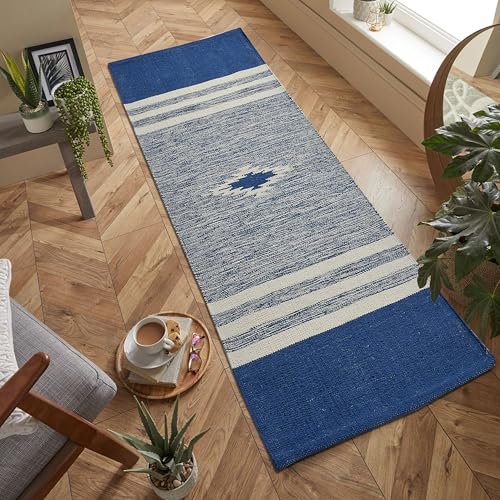 Image of Hand Woven 100% Natural Cotton Designer Rug|Kitchen Runner|Bedside Runner|Kitchen Mat|Carpet|Multiple uses for Balcony,Living Room,Bedroom,Size-22x60 Inches, (Blue)