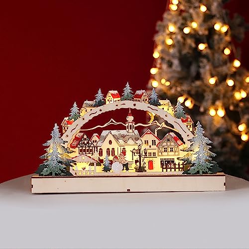YUEMING Decoracion Navidad, Forma de árbol de Navidad de Madera, Casa de Navidad de Madera LED con Decoracion Navidad Interiores de Escena Forestal para Adorno de favores de Fiesta de Navidad