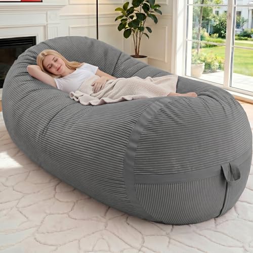Image of 6FT Bean Bag Chair 6'Giant Bean Bag Chairs with Adults, Large Beanbag Chair | Bean bag Lounger with Machine Washable Cover Corduroy Fabric, Comfy Chairs for Living Room Bedroom Dorm, Darkgrey