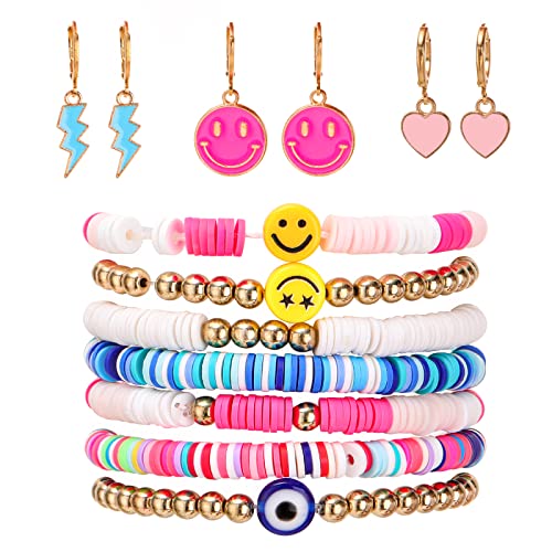 Yowivon Preppy Jewelry Cute Stuff For Teen Girls Smiley Face Evil Eye Bracelets Earrings Y2K Jewelry Boho Summer Beach Clay Bead Surfer Bracelets Women #TOP26
