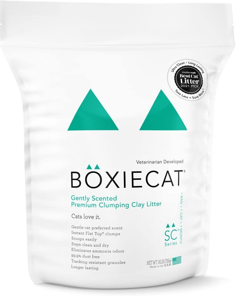 Boxie Cat Litter 16 Lb Clumping Clay + Cleanup Bundle - Boxiecat Premium Clumping Clay Cat Litter - Gently Scented Formula | Boxiecat Scoop & Tie Cat Litter Waste Bags