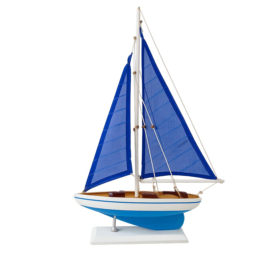 Wooden Sailboat Model Yacht Display Ornament Nautical Decorative Boat Coastal Home Decor Gift for Living Room Office or Shop Display 43cm Handcrafted Miniature Sailing Decoration (Light Blue)