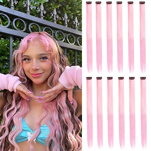 Uoouoo 12 Pcs Colored Hair Extensions - Clip in Synthetic Straight Extensions for Kids, Girls, Women - Light Pink, 21 Inches, 12 Count