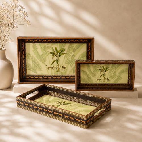 Image of Birch & Co. Wooden Tray Set for Serving - Trays Set of 3 - Elegant Rectangular Trays Large with Easy-Grip Handles, Multipurpose Kitchen, Dining & Home Decor Organize, Pantheredit