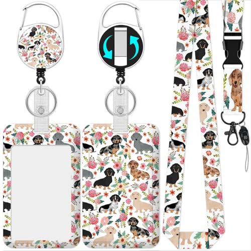 Porte-badge avec bobine rétractable et lanière florale imprimé chien