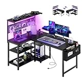 Apicizon L Shaped Desk Gaming Desk with LED Light & Power Outlet, 47 Inch Reversible Computer Desk with Pegboard & Shelf & Storage Bag for Home Office, Black