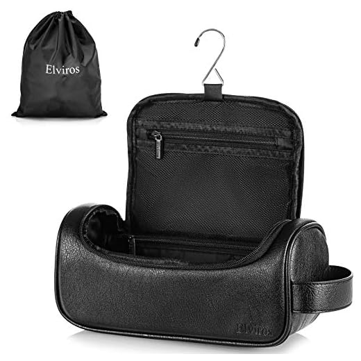 Elviros Vattentålig toalettväska i läder för män stor dubbelskikt resetvättväska rakning dopp kit badrum gym toalettartiklar smink organiserare med gratis våt torr väska (Svart, 28 x 11 x 13 cm)