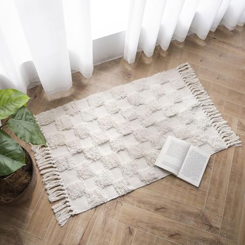 JaeMoose Cotton Rug Tufted Cotton Rug Washable Retro Rug Hallway Rug with Tassels Moroccan Boho Rugs for Living Room Bedroom Front Door (Beige Checkerboard, 60 x 90 cm)