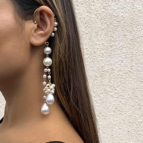Minzaos BETHYNAS Baroque Pearl Dangle Ear Cuff Non- Piercing Vintage Long Pearl Drop Ear Clip Retro Pearl Ear Cartilage Wrap Statement Ear Cuff for Bride Wedding Ear Accessory for Girls Women