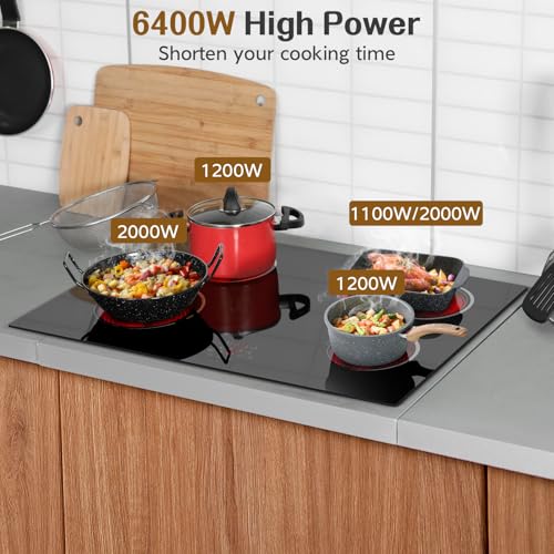 Image of 30 Inch Electric Cooktop Built-in 4 Burner, 6400W Electric Stove top | with Touch Control, Ceramic Cooktop, Pause, Safety Lock, Extended Zone & Timer, 220V Hard Wire, Nefaracy