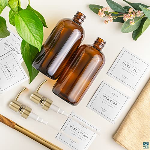 Vine Creations Amber Glass Soap Dispenser 2 Pack, Thick 16Oz Bottles Rustproof Stainless Steel Pump, Kitchen Bathroom Accessories, Hand Soap Dish Soap Dispenser, With Waterproof Labels (Brushed Brass) #TOP4