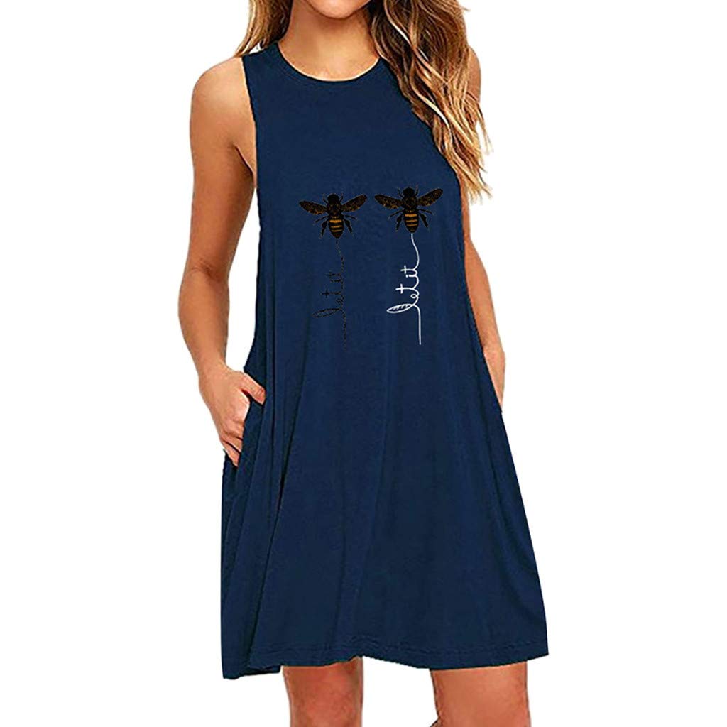 A Line Fashion Sleeveless Womens Printing Pocket Nightdress Casual Dresses Bee Print Dresses for Women Plus Size Dress