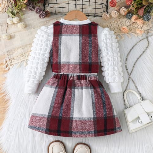 Image of Toddler Girls Christmas Outfits Girls Puff Sleeve Knit Ribbed Tops Button Down Vest Plaid Skirt Set Winter Clothes