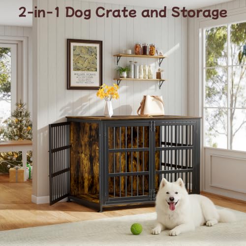 42" Dog Crate Furniture Large Breed Dog Crate Dog Kennels for Inside Wooden Dog Crates End Table Heavy Duty Indoor Combination Cage for Medium to Large Dogs Walnut - Image 7