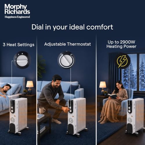 Image of Morphy Richards OFR 13F 13-Fin Oil Filled Radiator Room Heater | 2900W (2500W + 400W PTC Fan) | Adjustable Thermostat, Safety Shut-Off, Castor Wheels | White