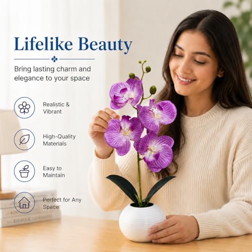 Image of CURATED CART Flower Pot with Artificial Flowers - Orchid Purple Flower with White Vase | Ideal for Home Decor | Office Decor | Gifting | Size 36 x 9cm