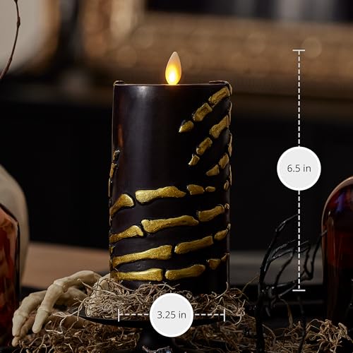 Image of Luminara Skeleton Hands Flameless LED Candle, Black & Gold 3 inch x 6.5 inch, Moving Flame Pillar, Battery Operated Timer Real Wax Halloween Gothic Home Decor