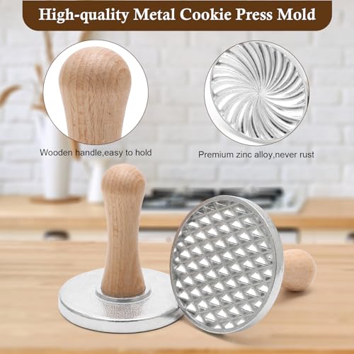 3+5 Cookie Stamps Biscuit Cutter Set, Luxiv 3 Molds Metal Cookie Press Mold Wooden Handle Embossing Stamper, 5 Size Cookie Cutter Tool, Hand-press Biscuit Stamper for DIY Baking Tool