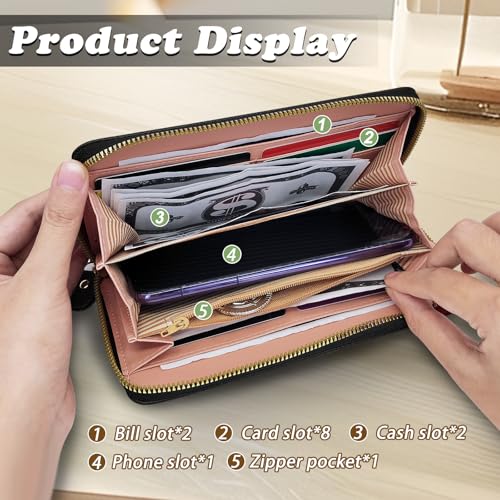 Womens Wallet, PU Leather Ladies Wallets Credit Card Holder for Women and Girls, Long Wallet with Zipper Women's Wallets for Travelling, Walking, Dating, Shopping (black.)4