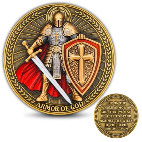 Armor of God Challenge Coin - Colorized Warrior Design with 3D Details, Inspirational Bible Verse Ephesians 6:11, Includes Display Case