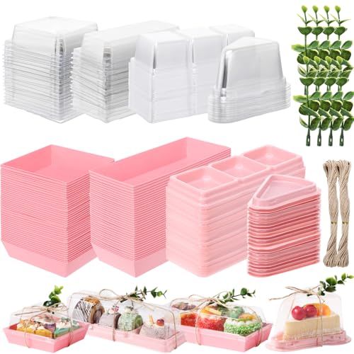 LemonRoad 100 Sets 4 Styles Charcuterie Boxes with Clear Lids Cake Slice Containers with Eucalyptus Leaves Plastic Bakery Packaging Supplies for Cake Snack Dessert Cookie Sandwich(Pink)