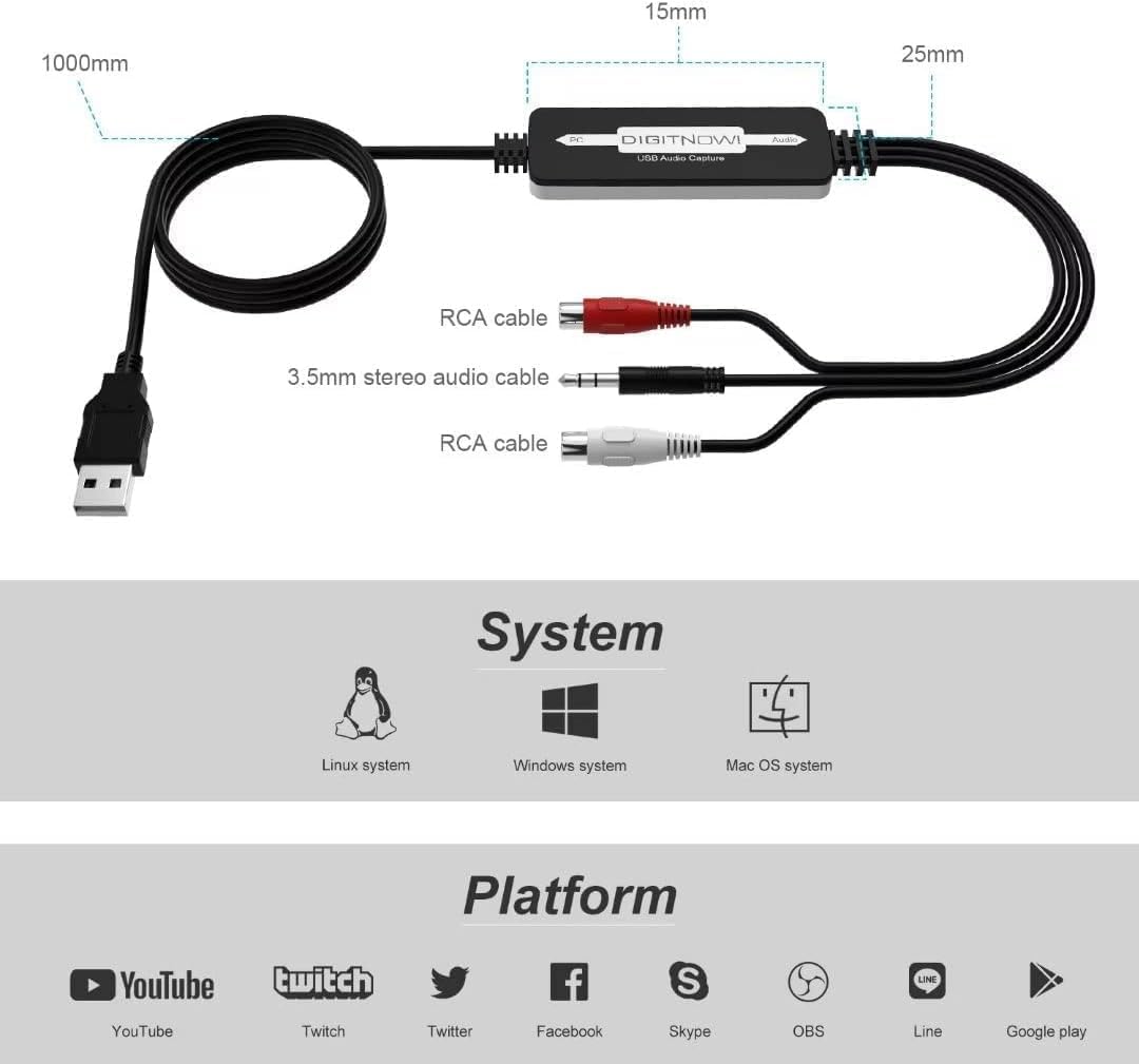 USB 2.0 Digital Audio Capture Card für Vinyl-Schallplatten, Audio Grabber für Kassetten zu digitalen MP3-Konverter, Unterstützung Win7/8/10 XP Mac OS