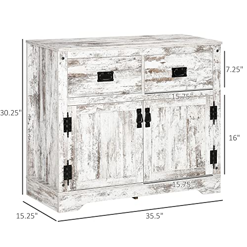 Homcom Industrial Sideboard Buffet Cabinet With 2 Drawers Kitchen Storage Cabinet Coffee Bar Cabinet With Double Door Cupboard For Kitchen, Living Room, Distressed White #TOP2