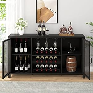 IBF Black Coffee Bar Cabinet, Liquor Cabinet with Wine Rack Storage, Industrial Kitchen Buffet Cabinet for Liquor and Coffee, Farmhouse Wine Cabinet for Home Living Dining Room, Black Oak, 55 Inch IBF Black Coffee Bar Cabinet Liquor Cabinet with Wine Rack Storage Industrial Kitchen Buffet Cabinet for Liquor and Coffee Farmhouse Wine Cabinet for Home Living Dining Room Black Oak 55 Inch