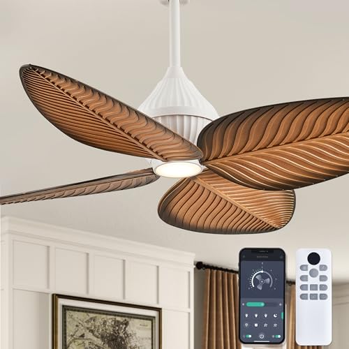52Tropical Ceiling Fans with Lights Indoor Palm Leaf Ceiling Fan with Light and Remote for Living Room Bedroom ABS Blades Dimmable LED Lights 6 Speeds Adjustable Height-Light Wood Grain