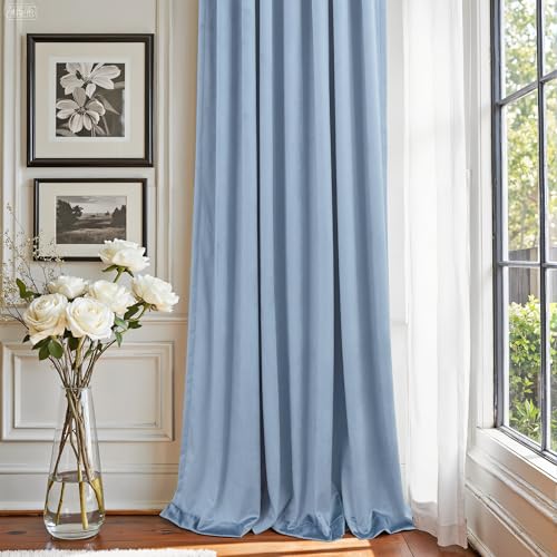 Image of Dusty Blue Velvet Drapes for Baby Boy Bedroom 96 Inches Long 2 Panel Thermal Insulated Light Blocking Floor Length Slate Stone Blue Velvet Curtains for Modern Home Decor Back Tab Pocket Greyish Blue