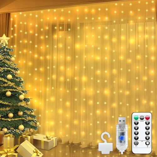 Bowfar Lichtervorhang innen 3x3m, 300 LEDs USB Lichterketten Vorhang 8...