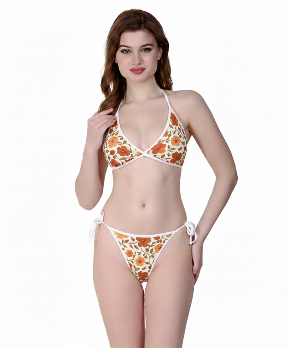 Women's Floral Print Bikini Set, Orange and White, Halter Neck Triangle Top with Side Tie Bottoms, 2 Piece Swimsuit-picture-22