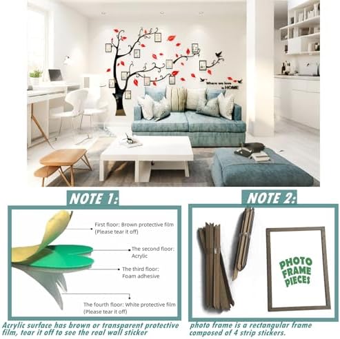 3D Tree Wall Stickers - DIY Photo Frame Tree Wall Decal Family Photo Frame Sticker Murals Wall Decor Living Room Bedroom TV Background Home Decorations (XXL:131 * 95in,Red Right)