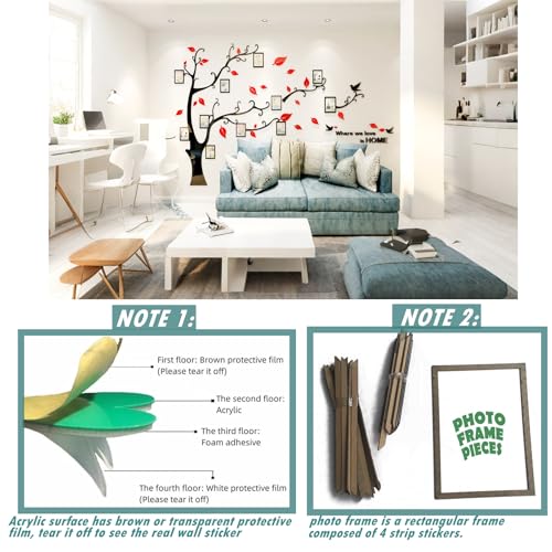 3D Tree Wall Stickers - DIY Photo Frame Tree Wall Decal Family Photo Frame Sticker Murals Wall Decor Living Room Bedroom TV Background Home Decorations (XXL:131 * 95in,Red Right)
