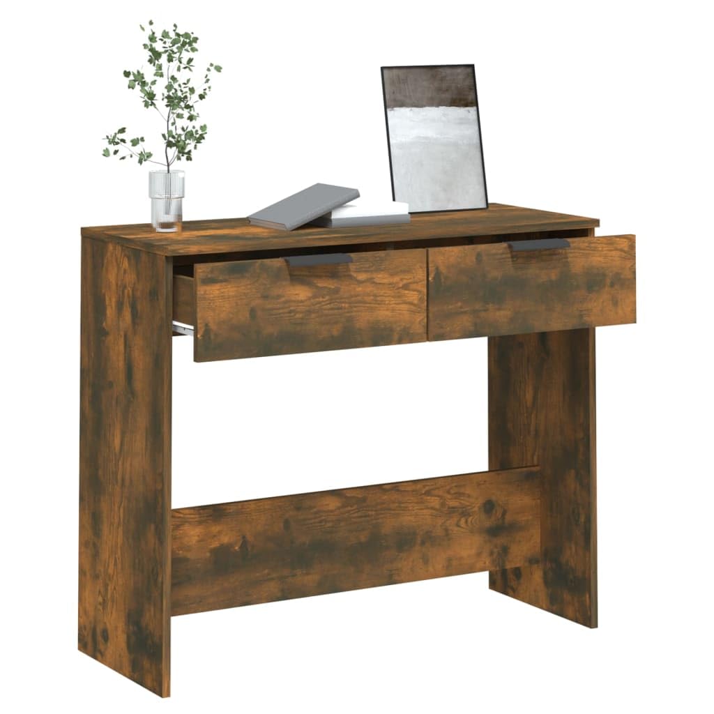 Mesa consola de roble ahumado 90 x 36 x 75 cm, material de madera con 2 cajones, espaciosa placa superior y soporte de pared para salón, entrada o pasillo, más estable