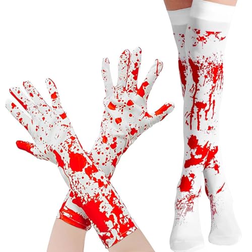 1 Pares Calcetines Manchados de Sangre de Halloween y 1 Pares Guantes de Sangre, Calcetines Teñidos Calcetines Altos Sangrientos Halloween sobre la Rodilla Y Guantes Sangrientos, Disfraz Halloween