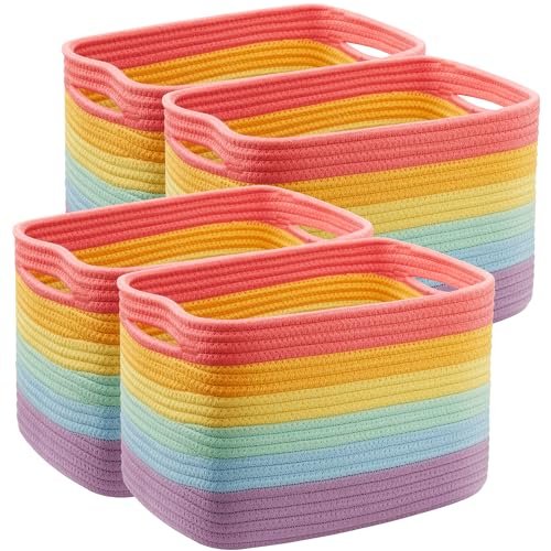MOJOSCEND Rainbow Rope Basket for Storage 4 Pack Cotton Rectangular Baskets for Shelves Woven Toy Storage Bins for Nursery Kids in Classroom 12.7Lx9Wx7.9H
