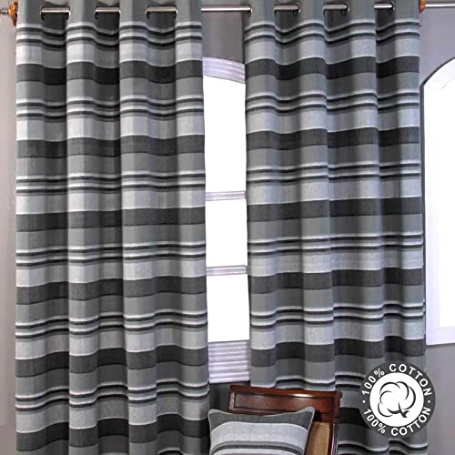 HOMESCAPES Charcoal Grey Eyelet Curtain Pair 137cm (54") Wide x 137cm (54") Drop Morocco Stripe Design Ring Top Curtain Pair - Image 2