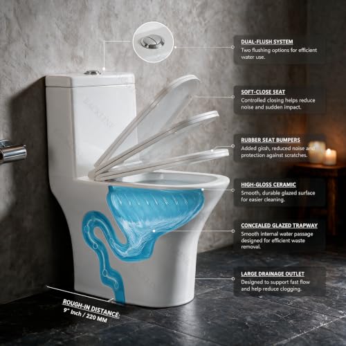 Image of Backline Rimless Commode Toilet | One Piece Floor Mount Western Toilet For Bathroom With Soft Close Seat Cover - S Trap 9 inch Outlet Is From Floor (White) (10 Years Color Warranty)