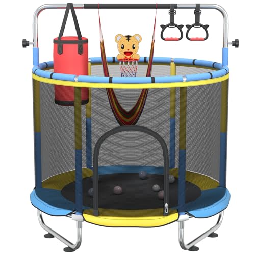 60" Toddler Trampoline for Age 2-4, 10ft Mini Kids Trampoline Indoor with Basketball Ball Adjustable Gymnastics Bar & Toys Swing Enclosure Net for Backyard ASTM Approved - image 1