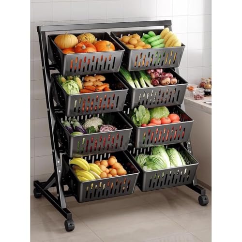 zktoermn Carrito De Almacenamiento con Cestas De Cocina, Carrito con Ruedas De 4 Niveles, Frutero Metálico, Organizador Multiusos con Asa, Expositor para Frutas Y Verduras(Black)