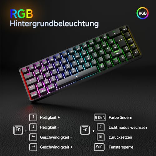 TMKB T68 Gaming Tastatur,60% Kabellos Mechanische RGB Tastatur mit Bluetooth/2.4G/Typ-C,Compact 68 Tasten Anti-Ghosting,Deutsches QWERTZ Layout,Red Linear Switch,Schwarz – Bild 5
