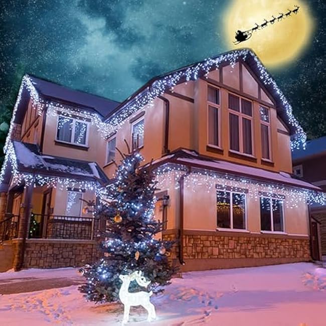 Lomotech Christmas Icicle Lights - 32Ft 8 Modes Waterproof Christmas Lights Connectable with Timer for Holiday, Wedding Party, Eaves, Christmas Decorations (White)